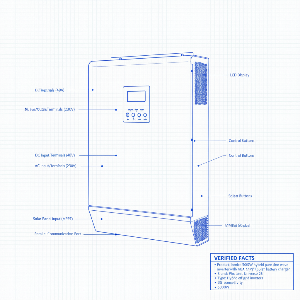 Iconica 5000W 48V hybrid pure sine wave inverter with 80A MPPT solar controller and 60A mains battery charger, with parallel capability - Technical specification image 2