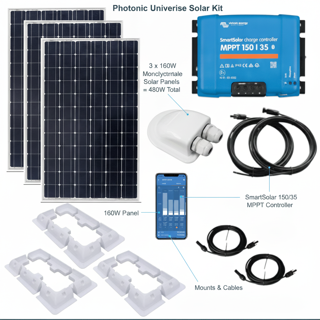 480W Monocrystalline Solar kit with SmartSolar 150/35 MPPT, Mounts, Cables & MC4s - UK Stock image 1