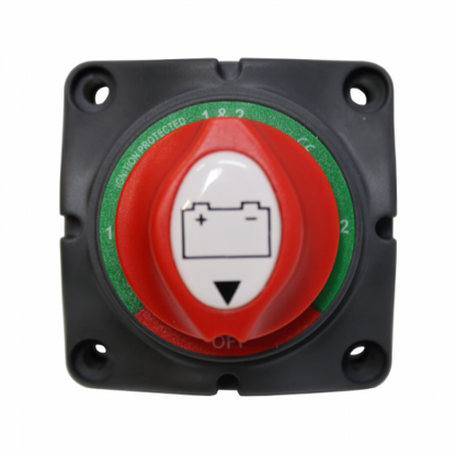 200A 12V/24V/48V surface and panel mount battery isolator switch with M8 terminals for 2 batteries