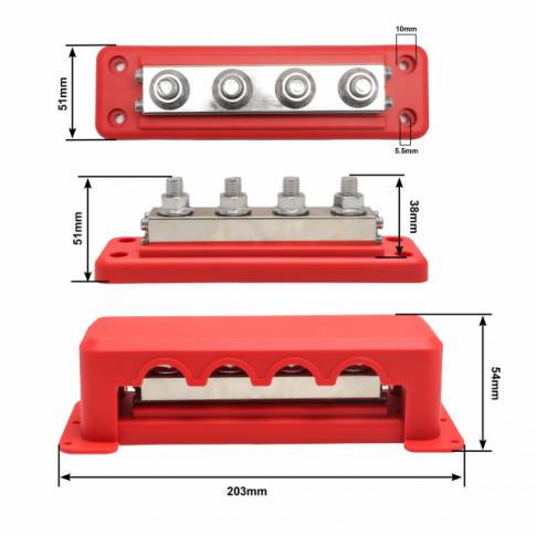 600A busbar with 4 x M10 terminals and cover - Red