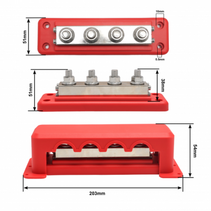 600A busbar with 4 x M10 terminals and cover - Red