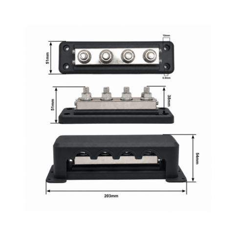 600A busbar with 4 x M10 terminals and cover - Black