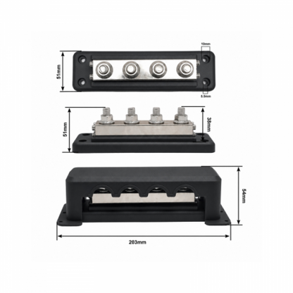 600A busbar with 4 x M10 terminals and cover - Black