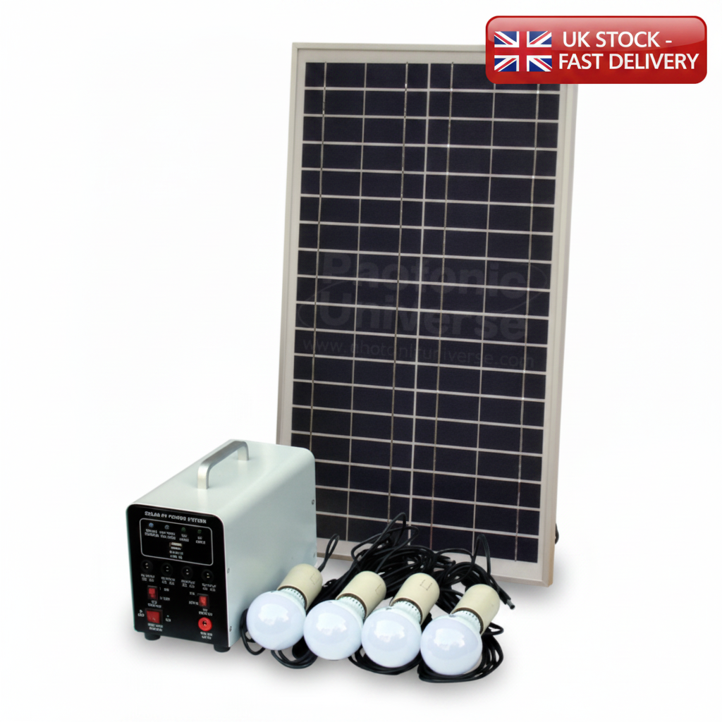 25W Off-Grid Solar Lighting System with 4 LED Lights, Solar Panel and Battery - UK Stock image 1