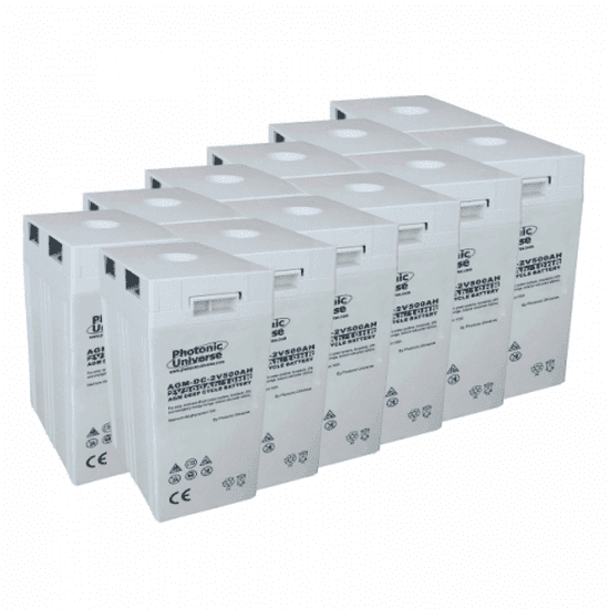 24V 500Ah AGM deep cycle battery bank (12 x 2V batteries) for large power systems and energy storage - 4Boats