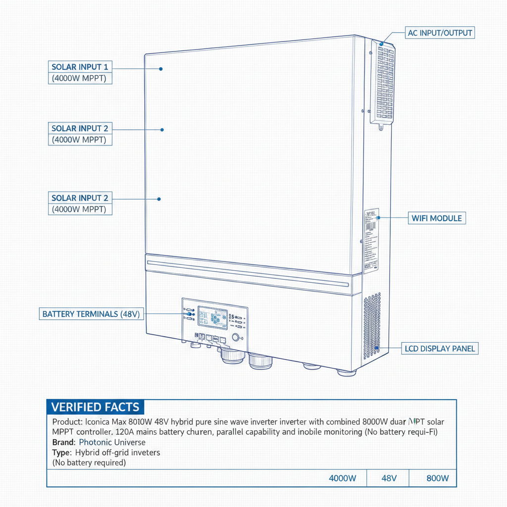 Iconica Max 8000W 48V hybrid pure sine wave inverter with combined 8000W dual-input solar MPPT controller, 120A solar charging current, 120A mains battery charger, parallel capability and inbuilt Wi-Fi mobile monitoring (No battery required) - Technical specification image 3