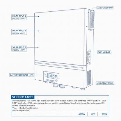 Iconica Max 8000W 48V hybrid pure sine wave inverter with combined 8000W dual-input solar MPPT controller, 120A solar charging current, 120A mains battery charger, parallel capability and inbuilt Wi-Fi mobile monitoring (No battery required) - Technical specification image 3