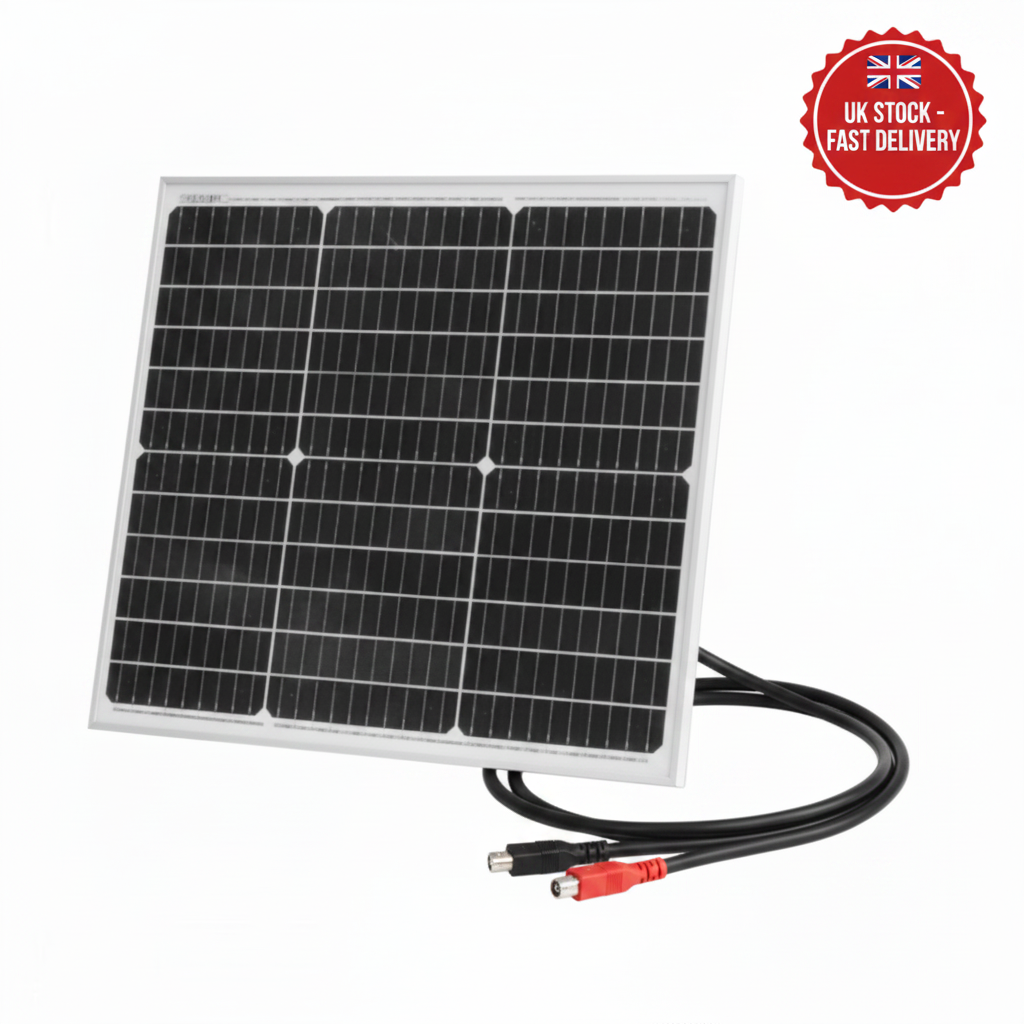 50W 12V monocrystalline solar panel with 90cm cable - UK Stock image 1