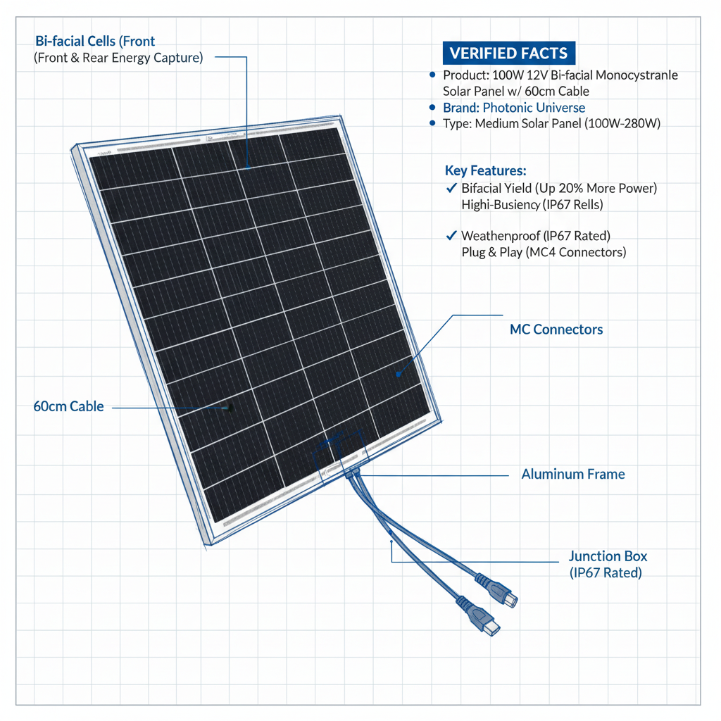 100W 12V bi-facial monocrystalline solar panel with 60cm cable - Technical specification image 3