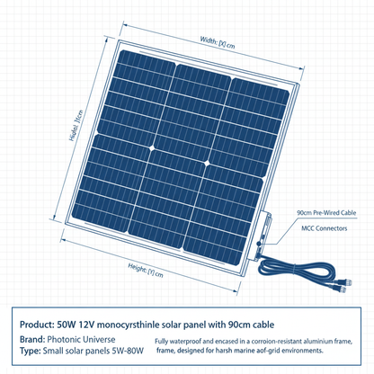 50W 12V monocrystalline solar panel with 90cm cable - Technical specification image 3