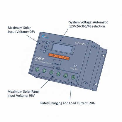 20A solar charge controller/regulator with LCD display for 12V/24V/36V/48V battery - Technical specification image 2