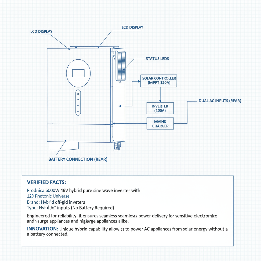 Iconica 6000W 48V hybrid pure sine wave inverter with 120A MPPT solar controller and 100A mains battery charger, Dual AC inputs (No Battery Required) - Technical specification image 2