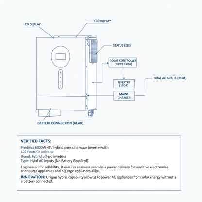 Iconica 6000W 48V hybrid pure sine wave inverter with 120A MPPT solar controller and 100A mains battery charger, Dual AC inputs (No Battery Required) - Technical specification image 2