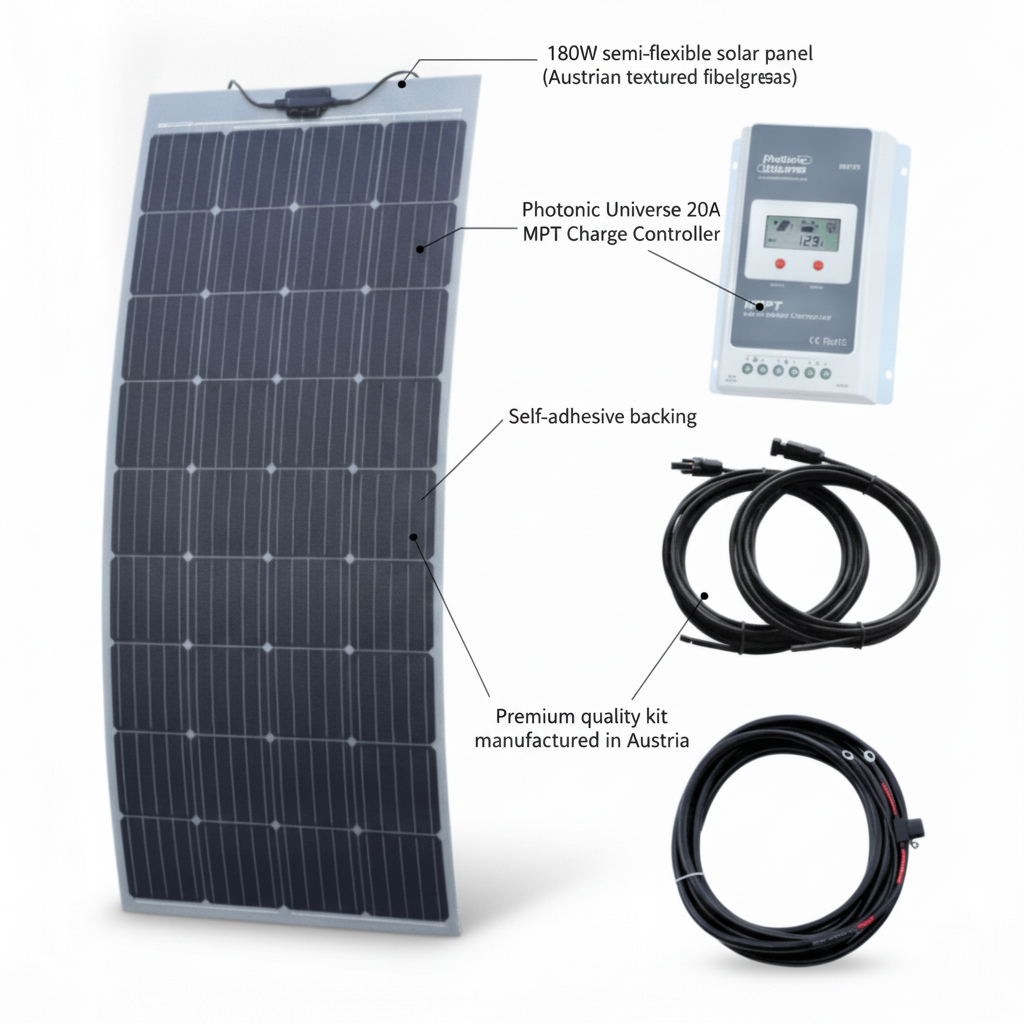 180W semi-flexible solar charging kit with Austrian textured fibreglass solar panel (with self-adhesive backing) - UK Stock image 1