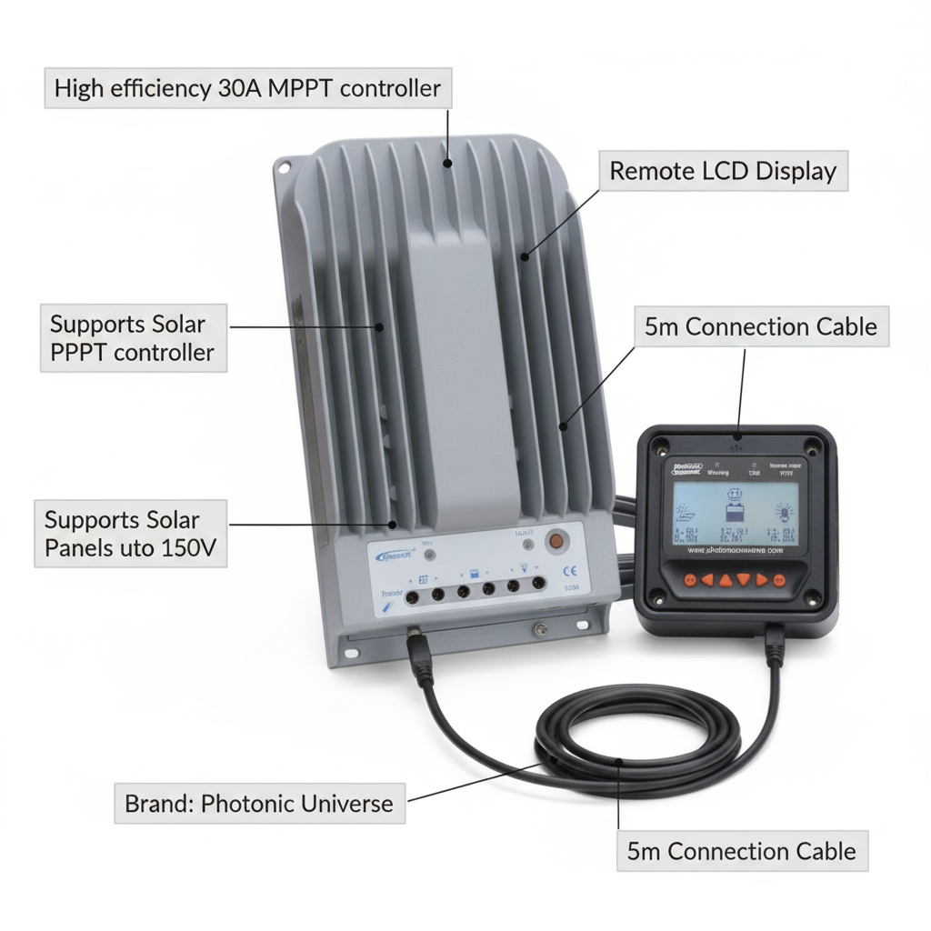 High efficiency 30A MPPT solar charge controller with LCD display and 5m cable for solar panels up to 390W (12V) / 780W (24V) up to 150V - Technical specification image 2