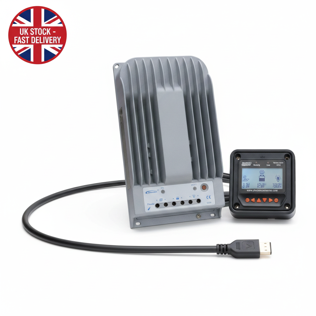 High efficiency 30A MPPT solar charge controller with LCD display and 5m cable for solar panels up to 390W (12V) / 780W (24V) up to 150V - UK Stock image 1