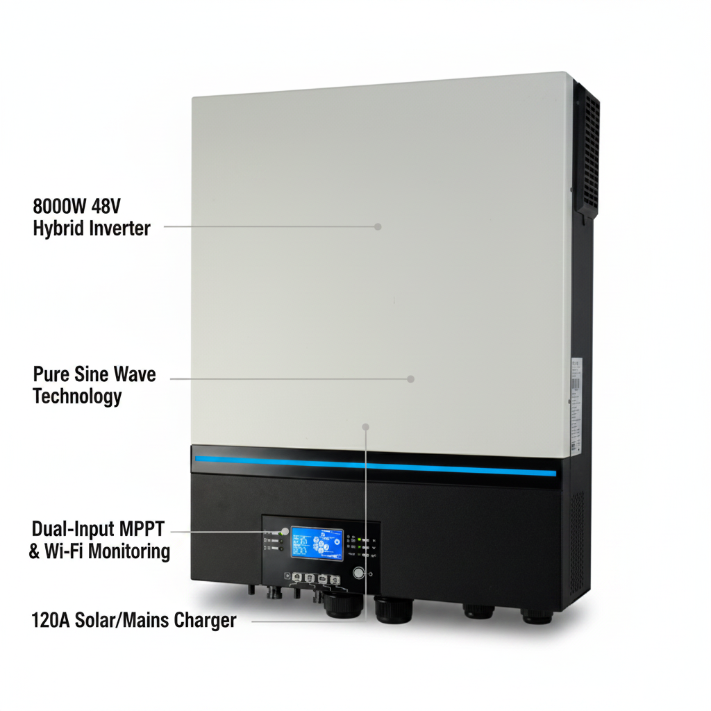 Iconica Max 8000W 48V hybrid pure sine wave inverter with combined 8000W dual-input solar MPPT controller, 120A solar charging current, 120A mains battery charger, parallel capability and inbuilt Wi-Fi mobile monitoring (No battery required) - Technical specification image 2
