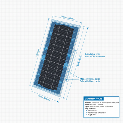 200W bi-facial monocrystalline solar panel with 60cm cable - Technical specification image 3