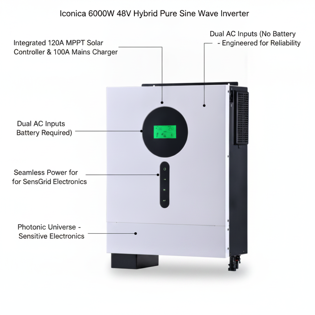 Iconica 6000W 48V hybrid pure sine wave inverter with 120A MPPT solar controller and 100A mains battery charger, Dual AC inputs (No Battery Required) - UK Stock image 1