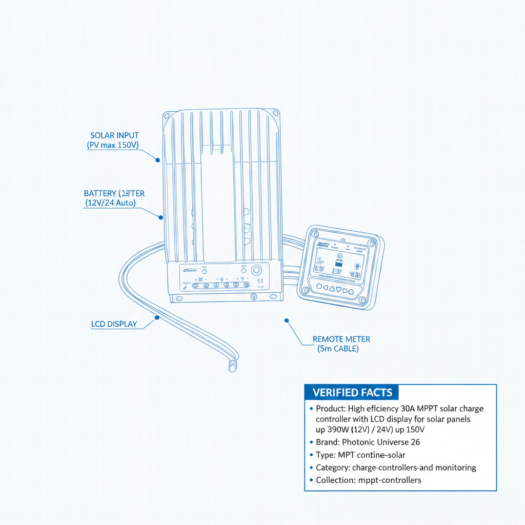 High efficiency 30A MPPT solar charge controller with LCD display and 5m cable for solar panels up to 390W (12V) / 780W (24V) up to 150V - Technical specification image 3