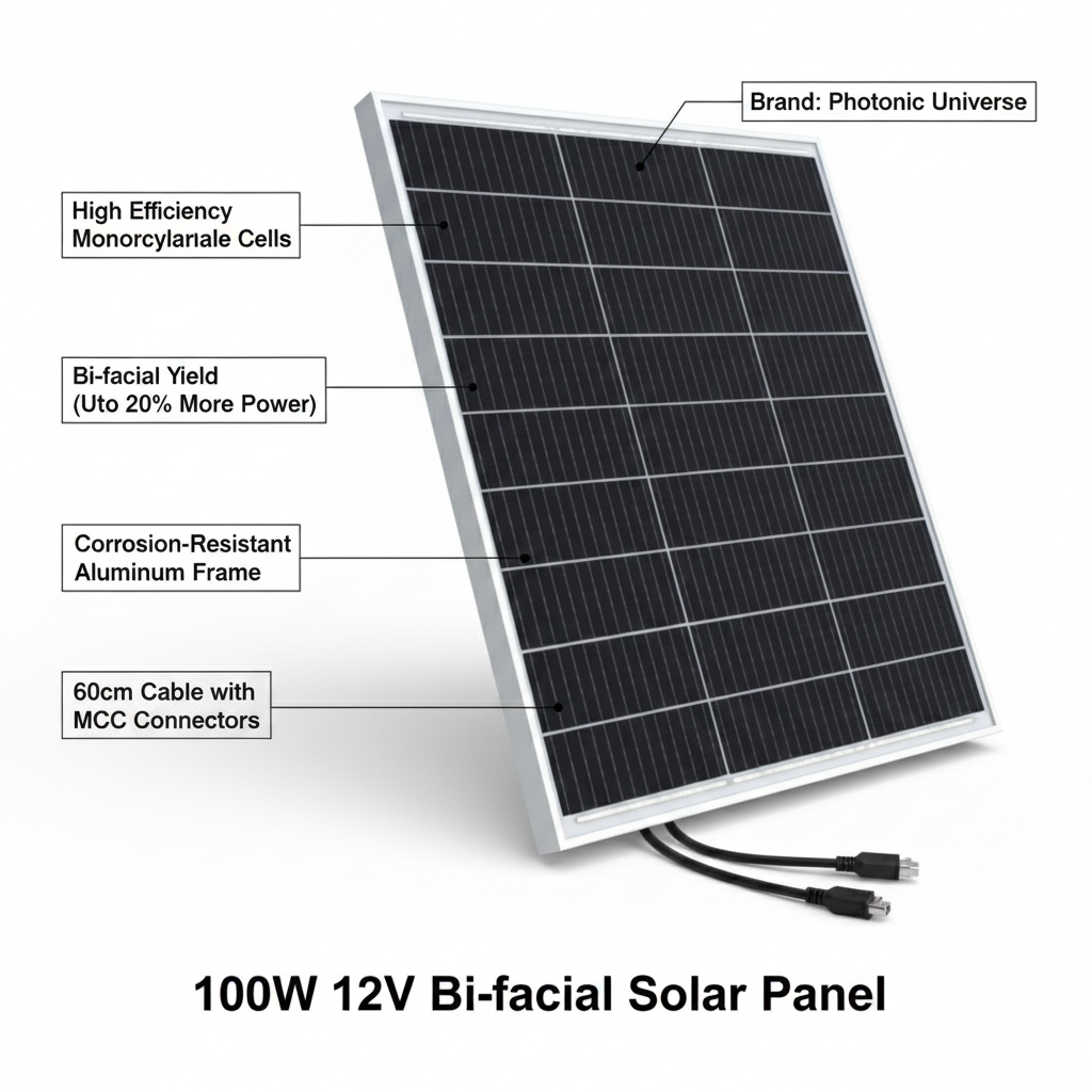 100W 12V bi-facial monocrystalline solar panel with 60cm cable - Technical specification image 2