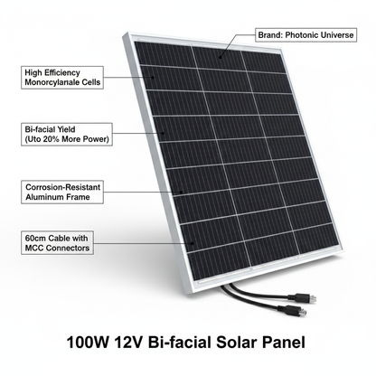 100W 12V bi-facial monocrystalline solar panel with 60cm cable - Technical specification image 2