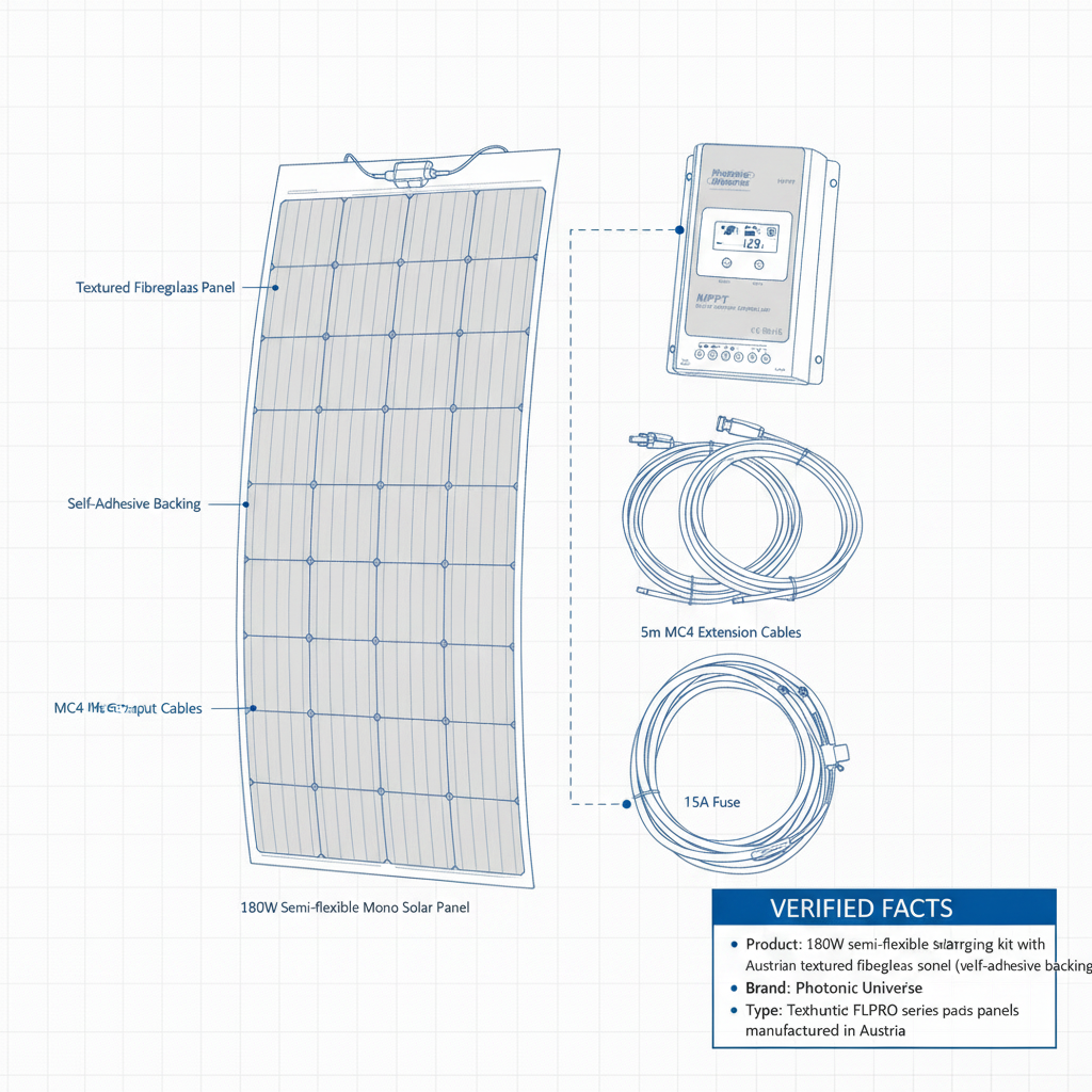 180W semi-flexible solar charging kit with Austrian textured fibreglass solar panel (with self-adhesive backing) - Technical specification image 2