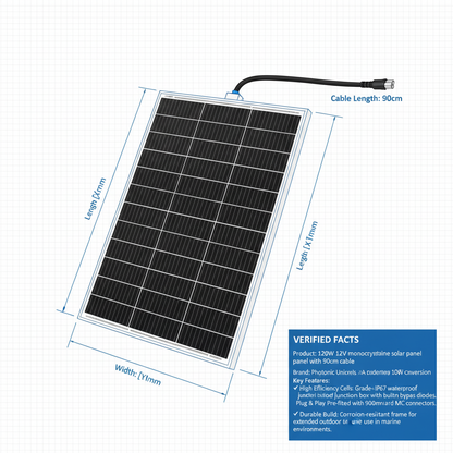 120W 12V monocrystalline solar panel with 90cm cable - Technical specification image 3