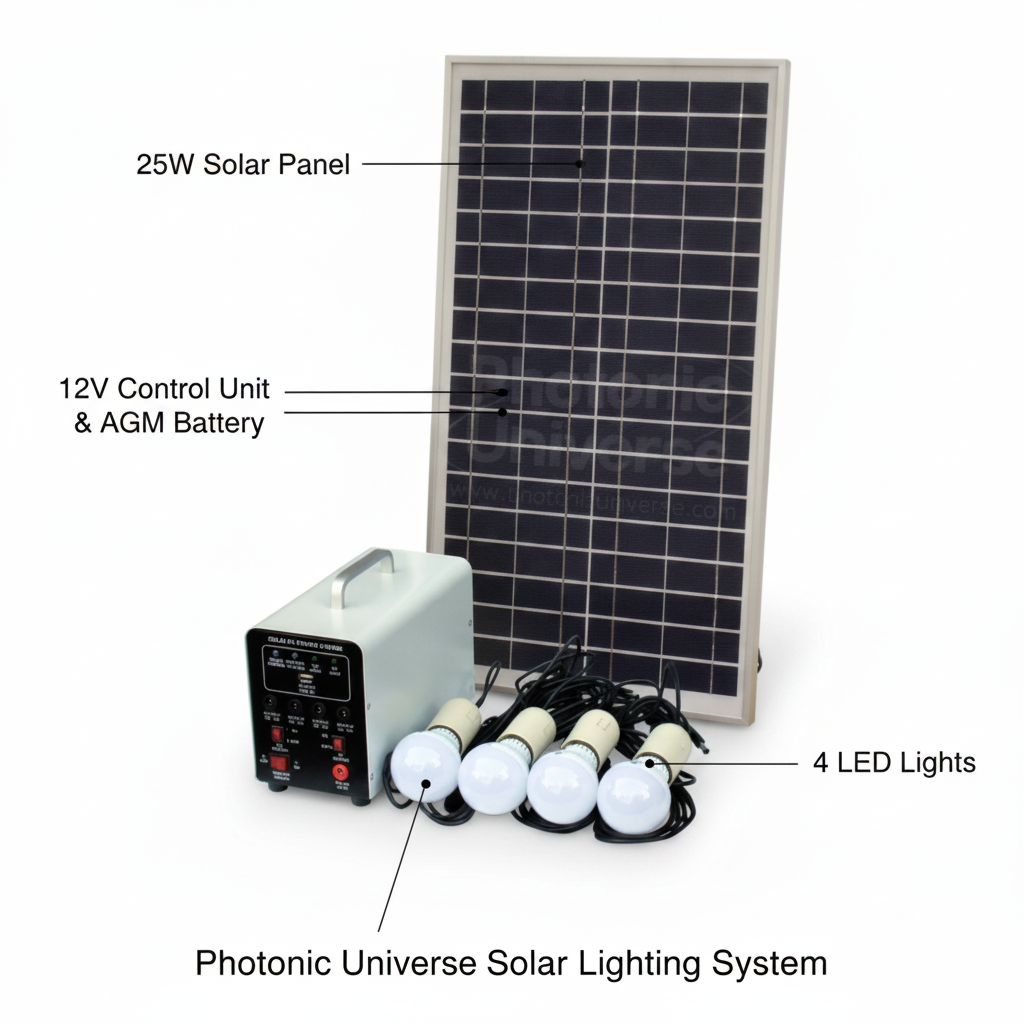 25W Off-Grid Solar Lighting System with 4 LED Lights, Solar Panel and Battery - Technical specification image 2
