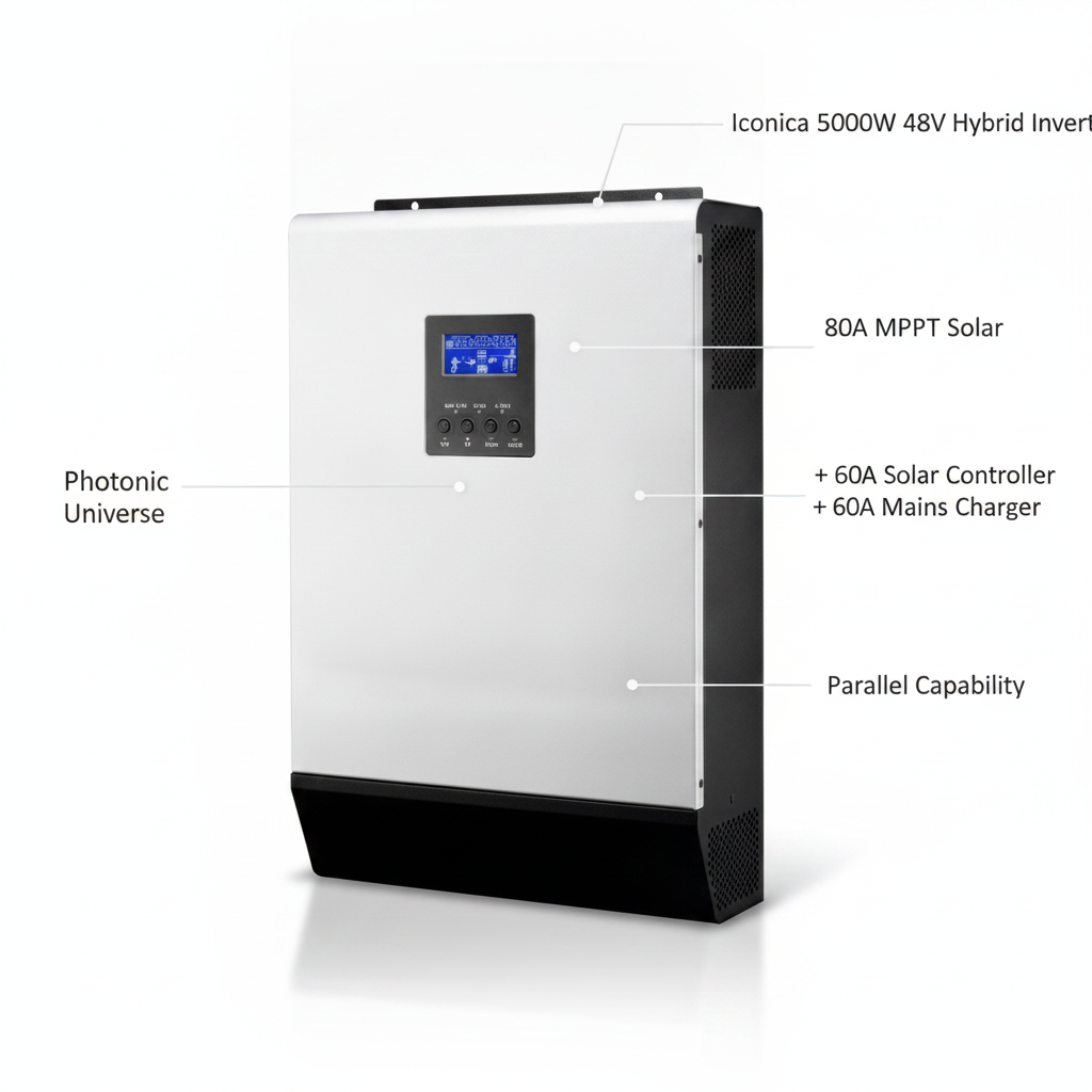 Iconica 5000W 48V hybrid pure sine wave inverter with 80A MPPT solar controller and 60A mains battery charger, with parallel capability - UK Stock image 1