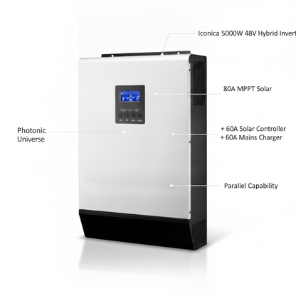 Iconica 5000W 48V hybrid pure sine wave inverter with 80A MPPT solar controller and 60A mains battery charger, with parallel capability - UK Stock image 1