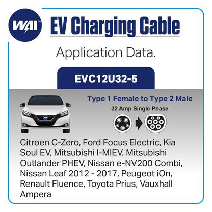 Vauxhall Ampera Compatible Type 1 to Type 2 32-Amp Electric Vehicle Charging Cable EVC12U32-5 - Solarika.co.uk