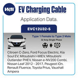 Vauxhall Ampera Compatible Type 1 to Type 2 32-Amp Electric Vehicle Charging Cable EVC12U32-5 - Solarika.co.uk