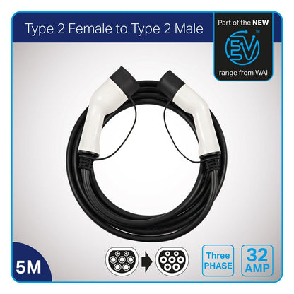 WAI EVC22332-5 Type 2 Female to Type 2 Male, 22 KW, 32 Amp Three Phase Electric Vehicle/EV Charging Cable, 5 Meter , Black - Solarika.co.uk