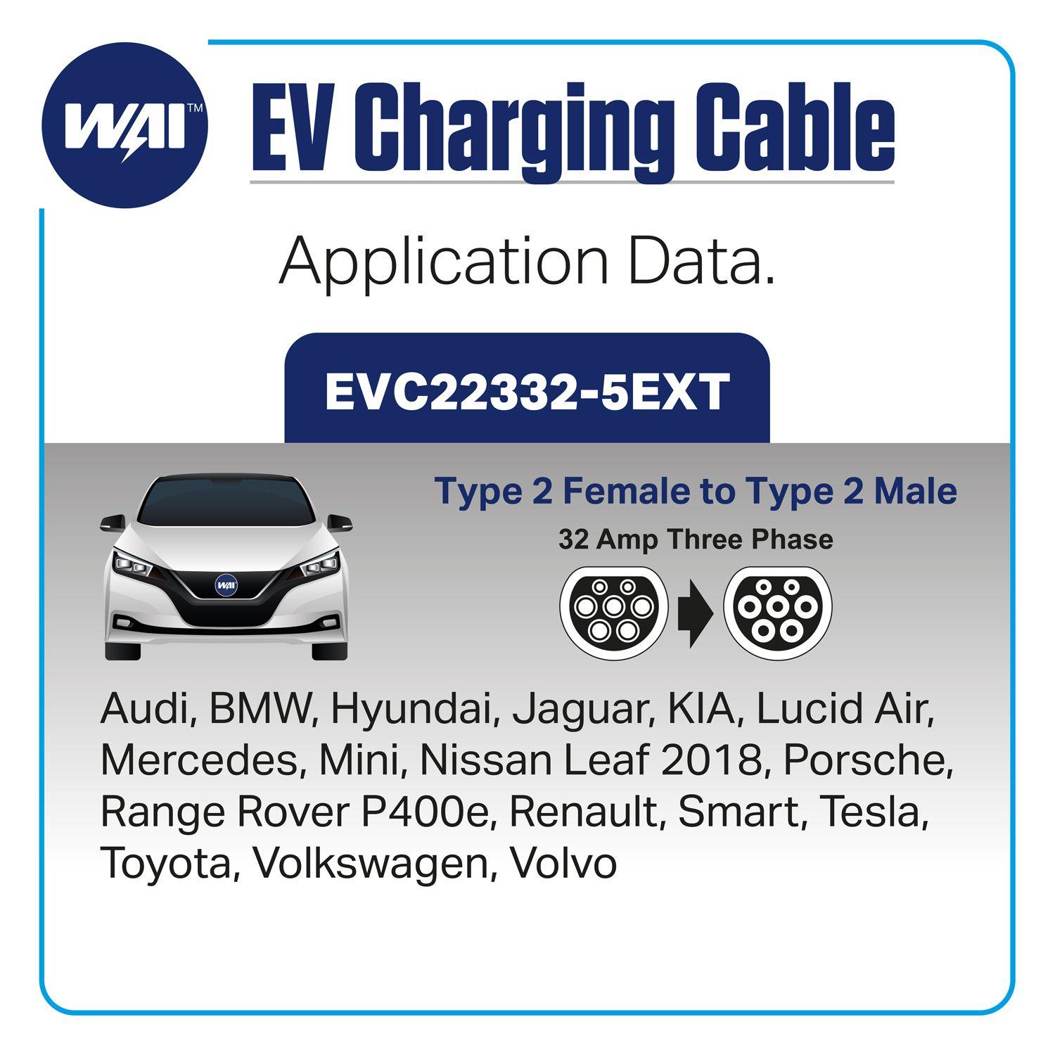 WAI EVC22332-5 Type 2 Female to Type 2 Male, 22 KW, 32 Amp Three Phase Electric Vehicle/EV Charging Cable, 5 Meter , Black - Solarika.co.uk