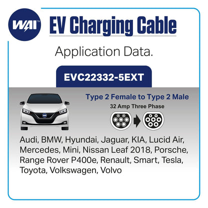 WAI EVC22332-5 Type 2 Female to Type 2 Male, 22 KW, 32 Amp Three Phase Electric Vehicle/EV Charging Cable, 5 Meter , Black - Solarika.co.uk